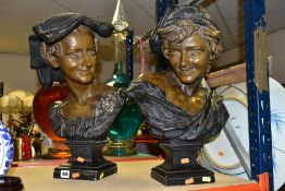 A PAIR OF BRETBY POTTERY BRONZED BUSTS OF A YOUNG MAN AND LADY, he with a feather in his cap, she