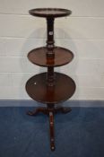 A VICTORIAN STYLE MAHOGANY GRADUATED THREE TIER DUMB WAITER, on tripod legs, largest diameter 56cm x