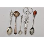A PAIR OF SILVER SUGAR TONGS, A SILVER SPOON AND THREE OTHERS, to include a pair of silver sugar