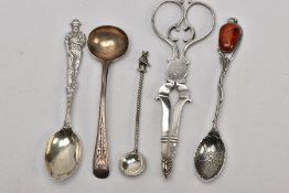 A PAIR OF SILVER SUGAR TONGS, A SILVER SPOON AND THREE OTHERS, to include a pair of silver sugar