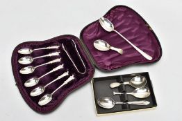 A CASED SEVEN PIECE SILVER TEASPOON SET AND LOOSE SILVER SPOONS, the cased set comprising of six