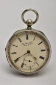 A WHITE METAL OPEN FACE POCKET WATCH, round cream dial signed 'The Han Watch, Swiss made', Roman