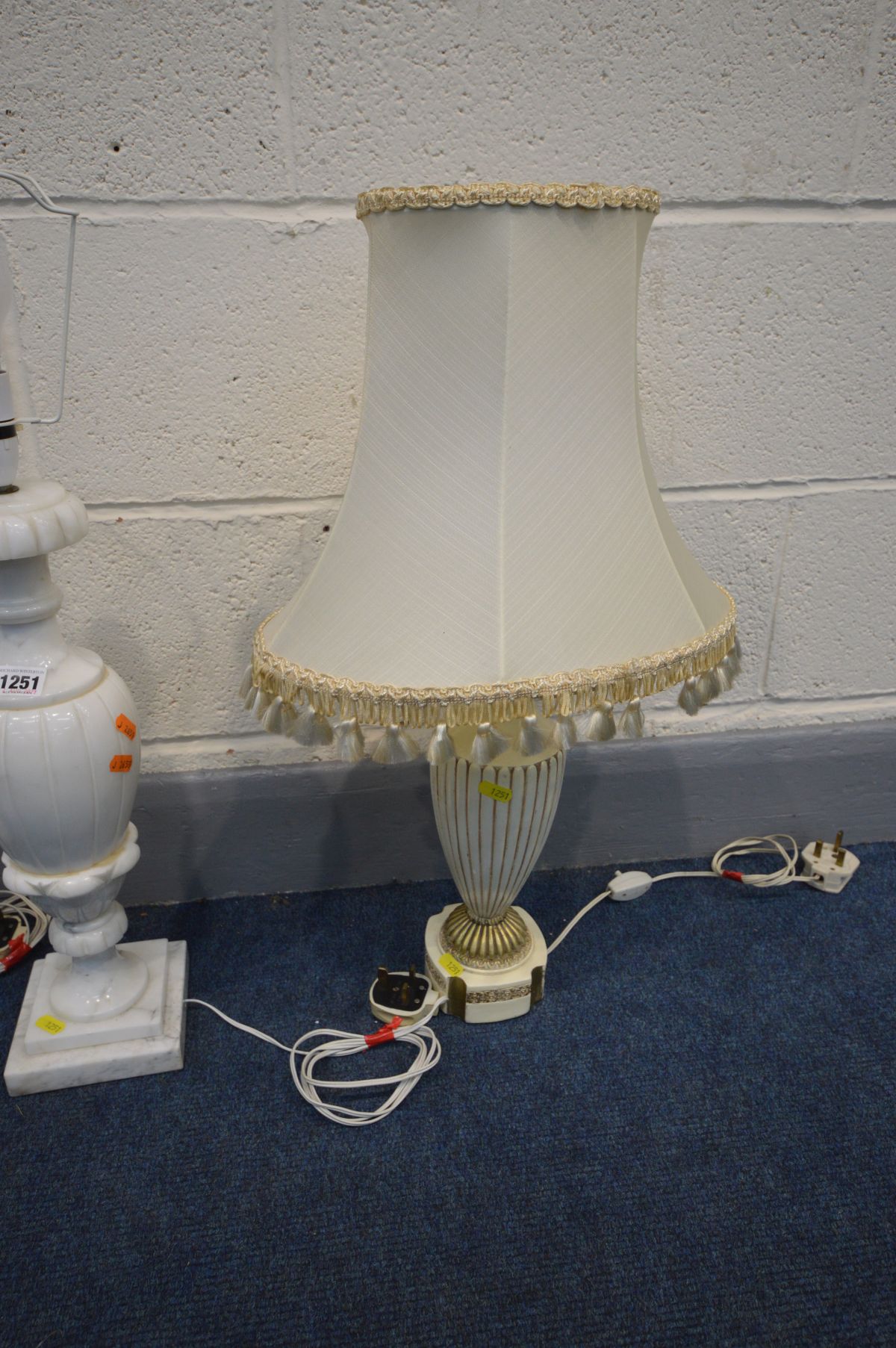 A PAIR OF WHITE ALABASTER TABLE LAMPS, on a stepped plinth, height 48cm, and a cream and gilt French - Image 3 of 3