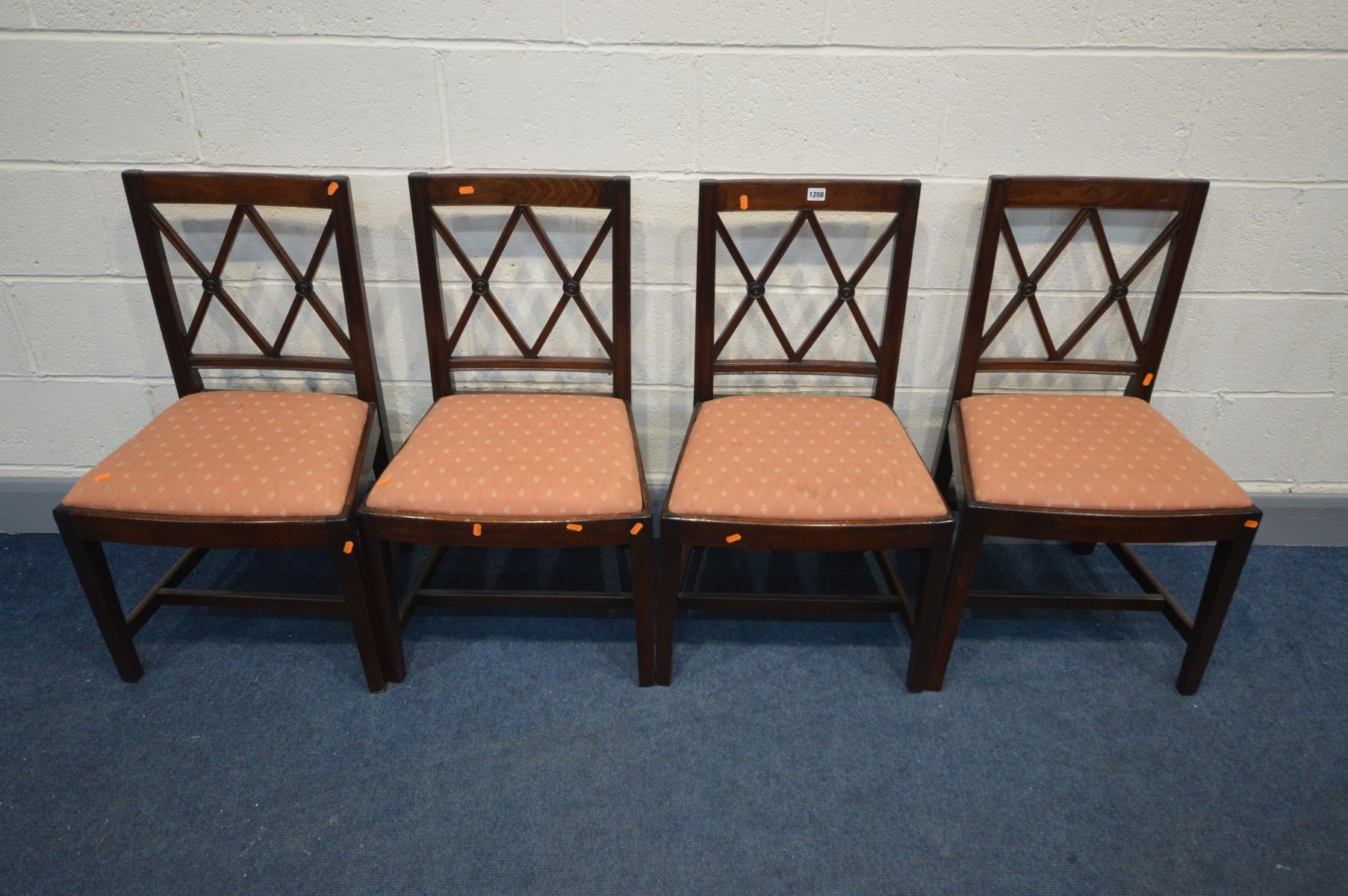 A SET OF FOUR GEORGIAN LATTICE BACK CHAIRS, with pink upholstered inserts