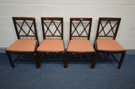 A SET OF FOUR GEORGIAN LATTICE BACK CHAIRS, with pink upholstered inserts