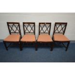 A SET OF FOUR GEORGIAN LATTICE BACK CHAIRS, with pink upholstered inserts