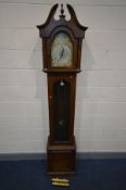 A MAHOGANY LONGCASE CLOCK, tempus fugit name to arch, singed Westminster German, height 212cm (two