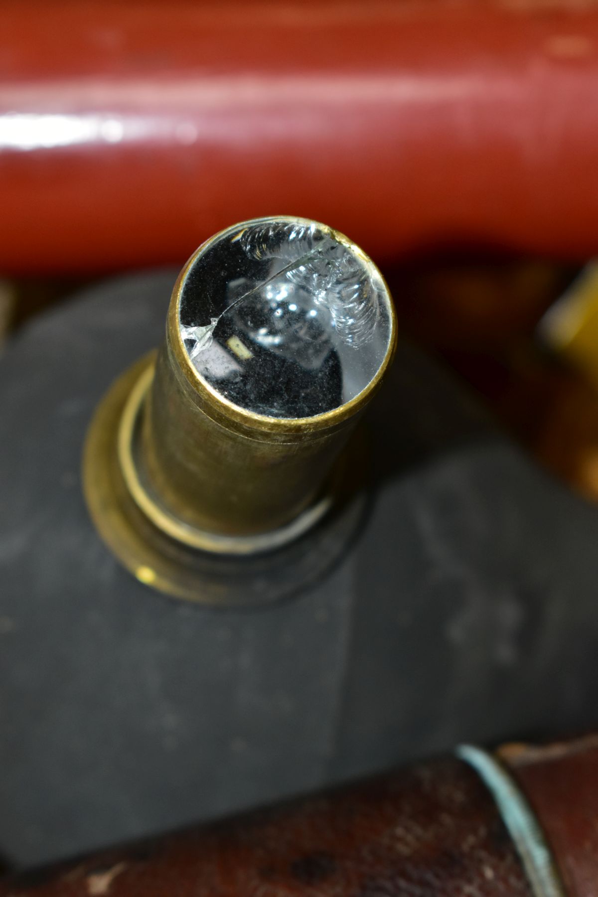 A DOLLAND BRASS THREE DRAWER WOODEN CASED TELESCOPE, damage and wear to wooden casing, an unmarked - Image 7 of 8