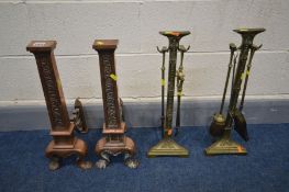 A PAIR OF COPPER ANDIRONS, and another pair of brass andirons with four fire irons (4)