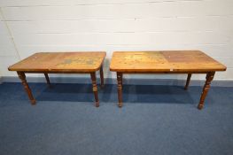 TWO MODERN PINE TABLES, on turned legs, the largest width 152cm x depth 77cm x height 75cm, the