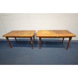 TWO MODERN PINE TABLES, on turned legs, the largest width 152cm x depth 77cm x height 75cm, the