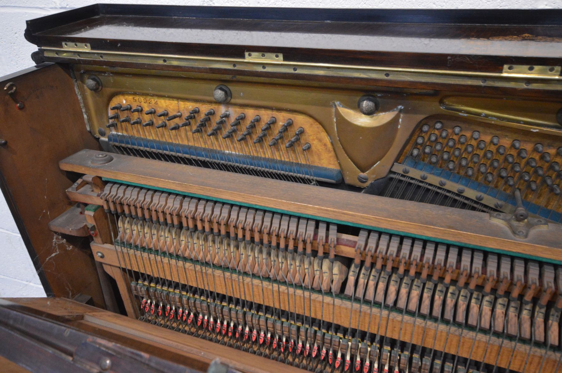 JOHN AND SPENCER & CO, LONDON, an upright overstrung piano, with twin brass candle holders (loose - Image 4 of 5