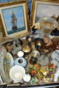 BOX OF CERAMICS, TREEN, PICTURES AND METALWARE, TWO PAINTINGS AND CUT CRYSTAL VASE, box includes