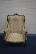 A FRENCH GILT FRAMED ARMCHAIR, width 76cm x depth 77cm x height 112cm (ideal for restoration)