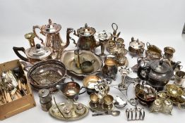 A BOX OF ASSORTED WHITE METAL WARE, to include a silver-plated coffee pot, a silver-plated teapot,