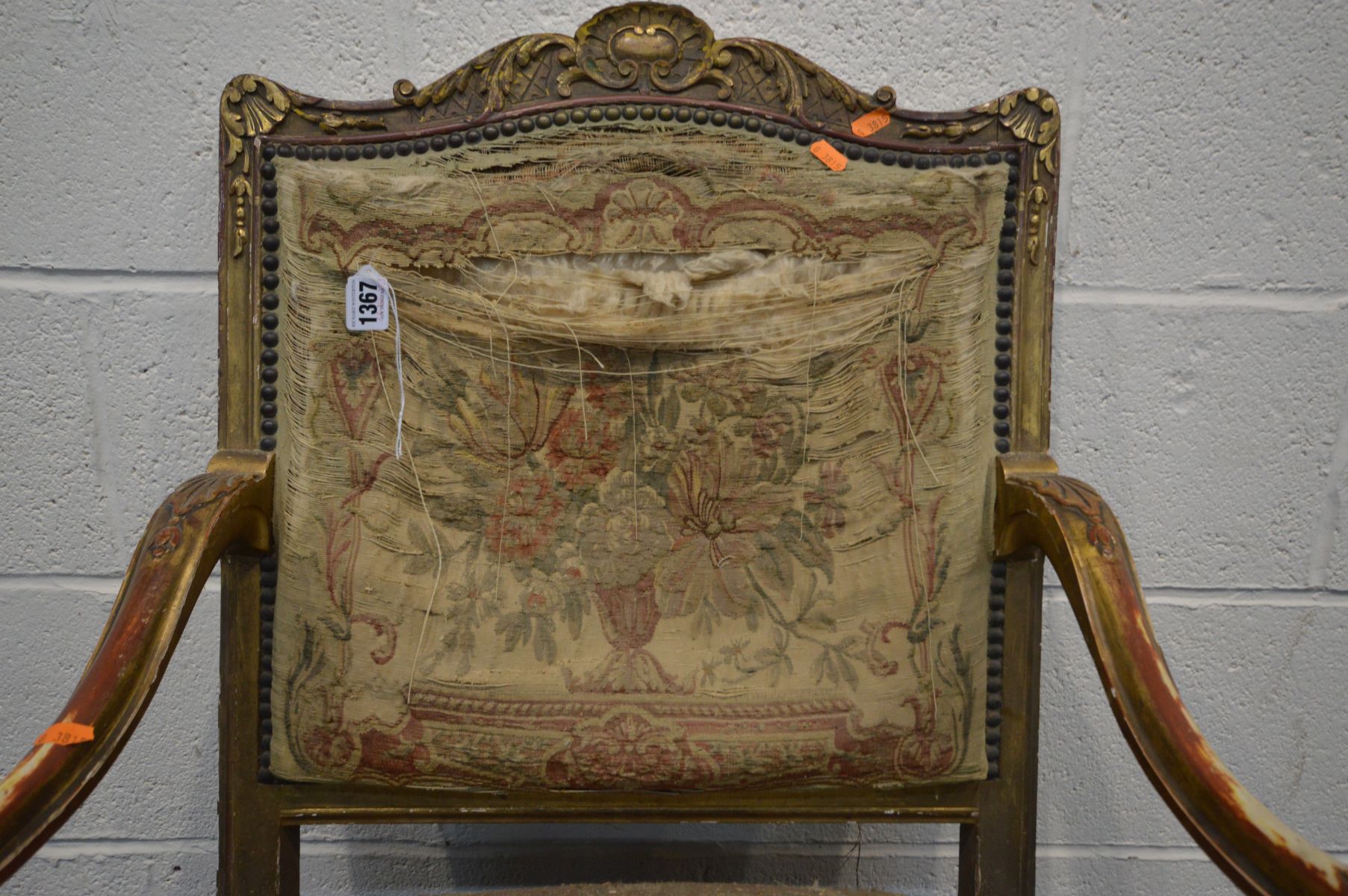 A LOUIS XVI STYLE OPEN GILTWOOD OPEN ARMCHAIR, square back, shaped legs united by a cross stretcher, - Image 2 of 10