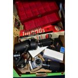 A BOX OF PHOTOGRAPHIC EQUIPMENT AND OTHER VINTAGE ITEMS to include Vivitar MC Tele Converter in