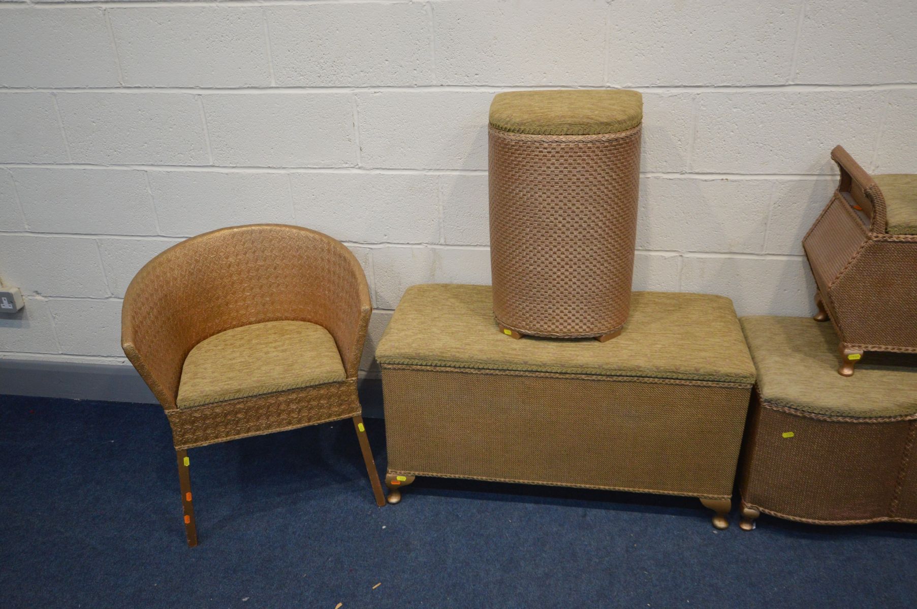 SIX GILT LLOYD LOOM STYLE BEDROOM FURNITURE, to include two ottomans, dressing stool, linen - Image 2 of 3