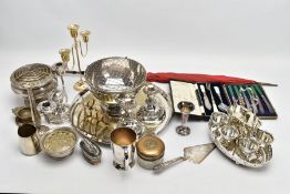 A BOX OF ASSORTED WHITE METAL WARE, to include a silver-plate 'Oneida' rose bowl, a large circular
