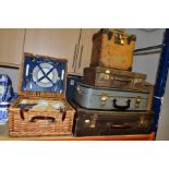 PICNIC BASKET WITH CONTENTS AND FOUR VINTAGE CASES, the wicker Optima picnic basket contains two