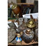 TWO BOXES OF METALWARES, GLASSWARES, etc, to include a Victorian bronzed tazza, embossed classical