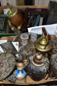 TWO BOXES OF METALWARES, GLASSWARES, etc, to include a Victorian bronzed tazza, embossed classical