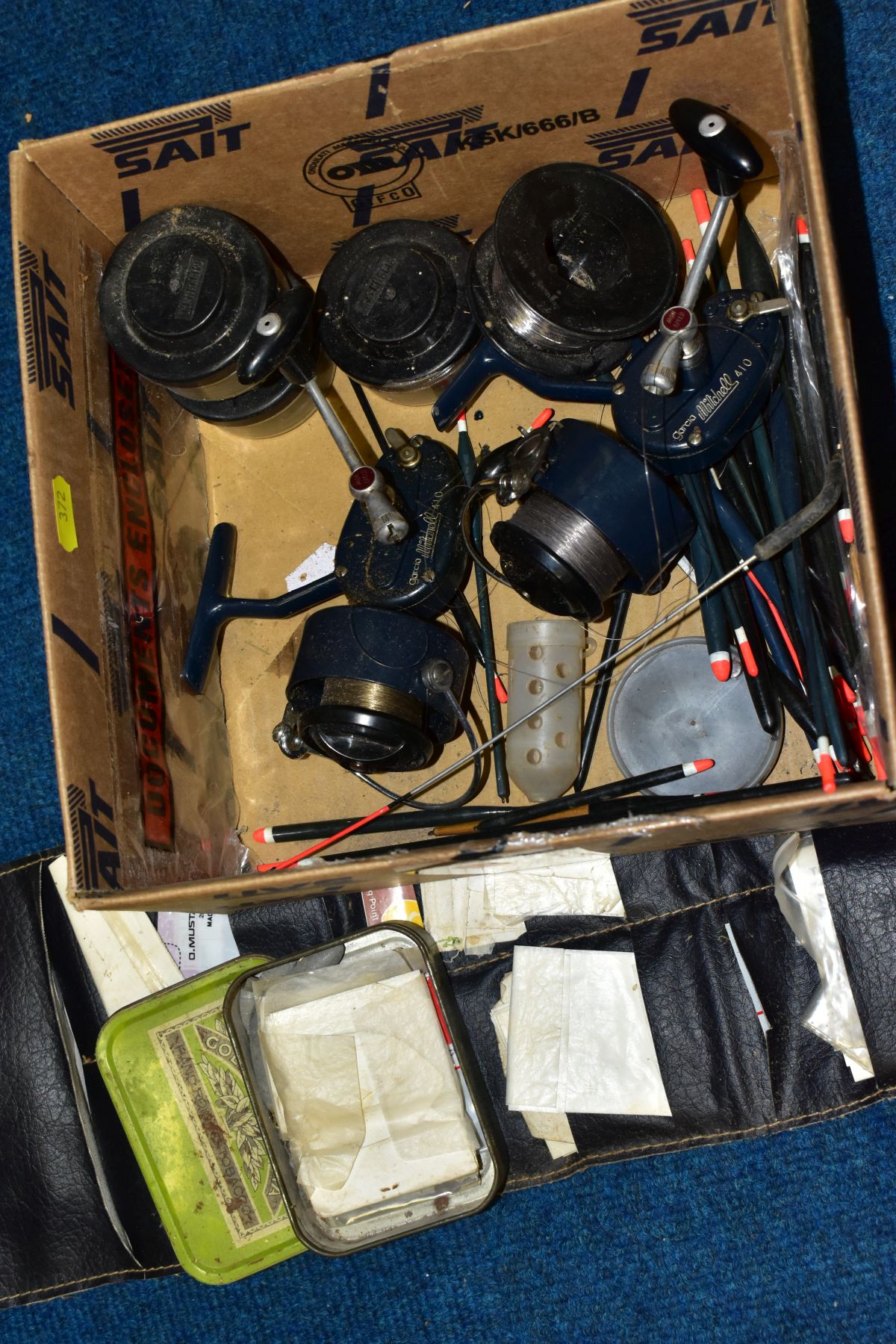 A BOX OF RECORDS, TWO FISHING RODS, BOX OF REELS, UMBRELLA AND TWO NETS, fishing rods including - Image 4 of 5