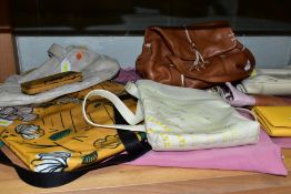 EIGHT RADLEY ITEMS:- FIVE BAGS AND THREE PURSES comprising yellow fabric bag 26cm x 31cm with