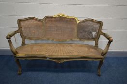 A LOUIS XV STYLE BERGERE SOFA, with open armrests, length 153cm x depth 64cm x height 92cm (