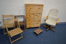 A PINE THREE TIER FALL FRONT SHOE CABINET, three folding chairs, modern swivel chair and a footstool