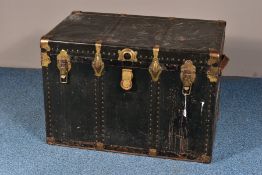 A VINTAGE METAL BANDED TRUNK, 87cm x depth 55cm x height 59cm (condition-wear to commensurate age