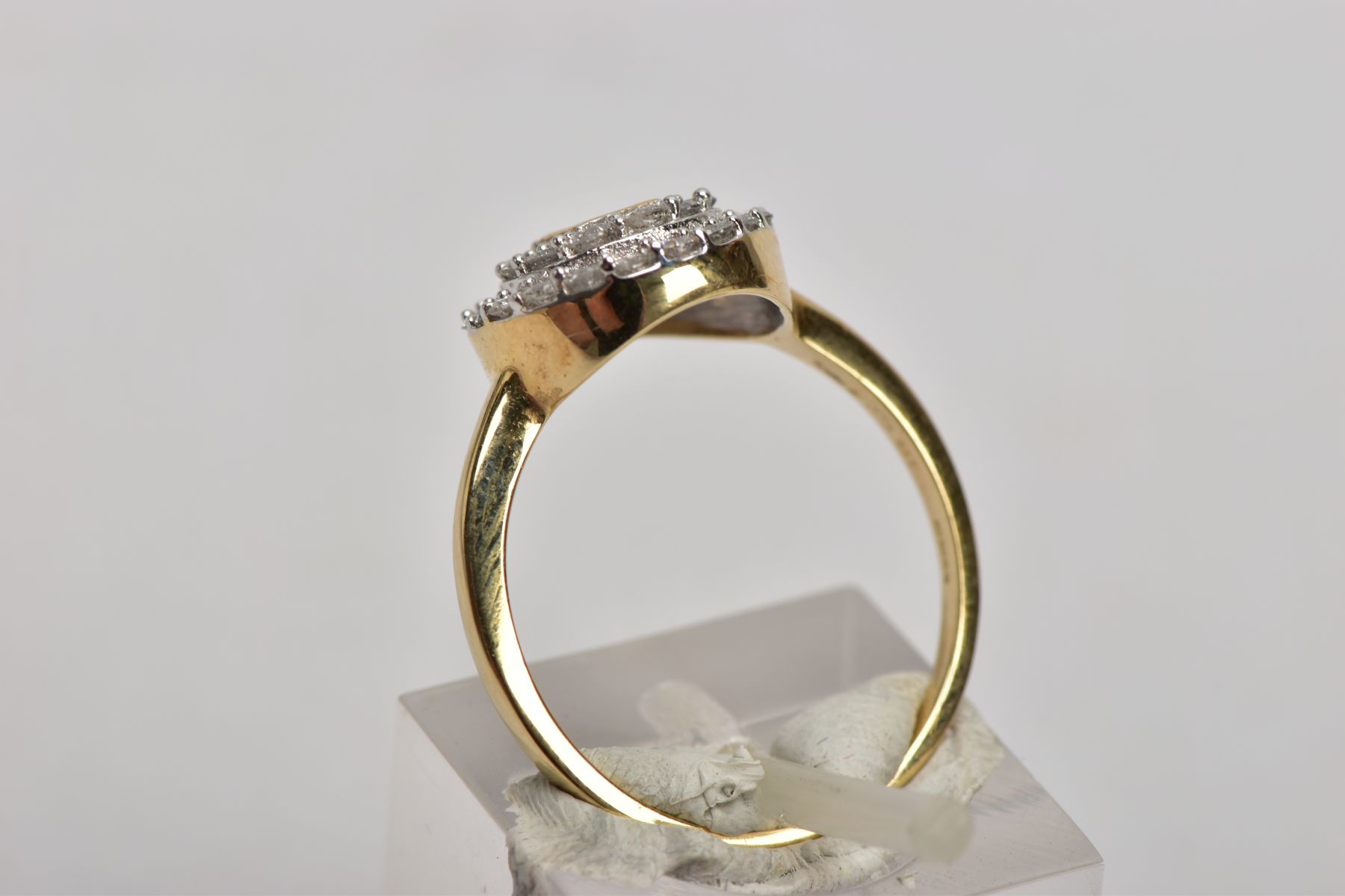 A 9CT GOLD DIAMOND CLUSTER RING, of a circular design, the central part set with four princess cut - Image 2 of 5