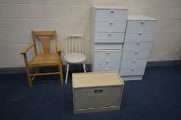 THREE WHITE FINISH CHEST OF DRAWERS, along with a beech effect shoe cabinet, ash open armchair and