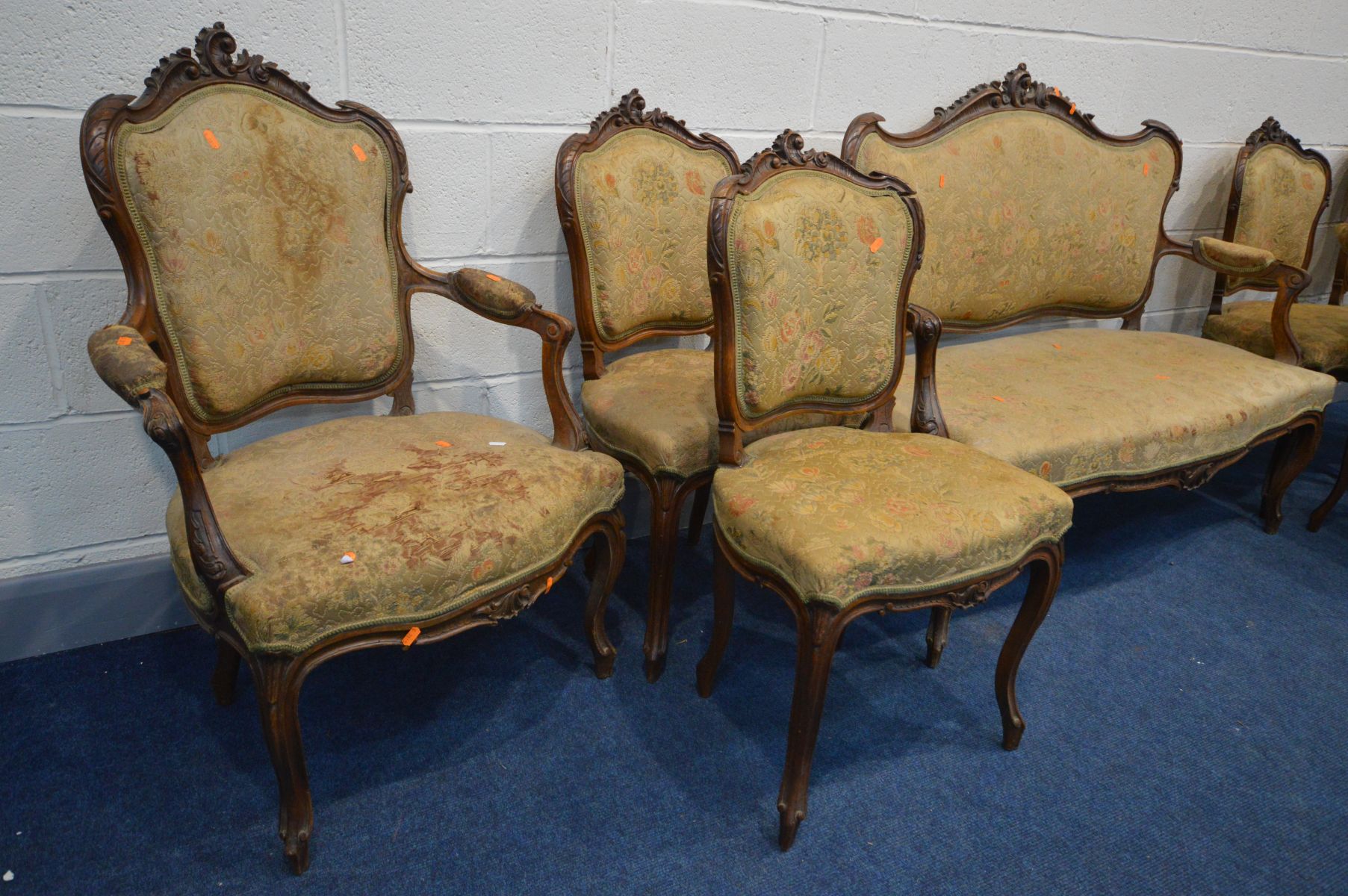 A LOUIS XV STYLE MAHOGANY SEVEN PIECE SALON SUITE, comprising a sofa with open armrests, pair of - Image 2 of 4