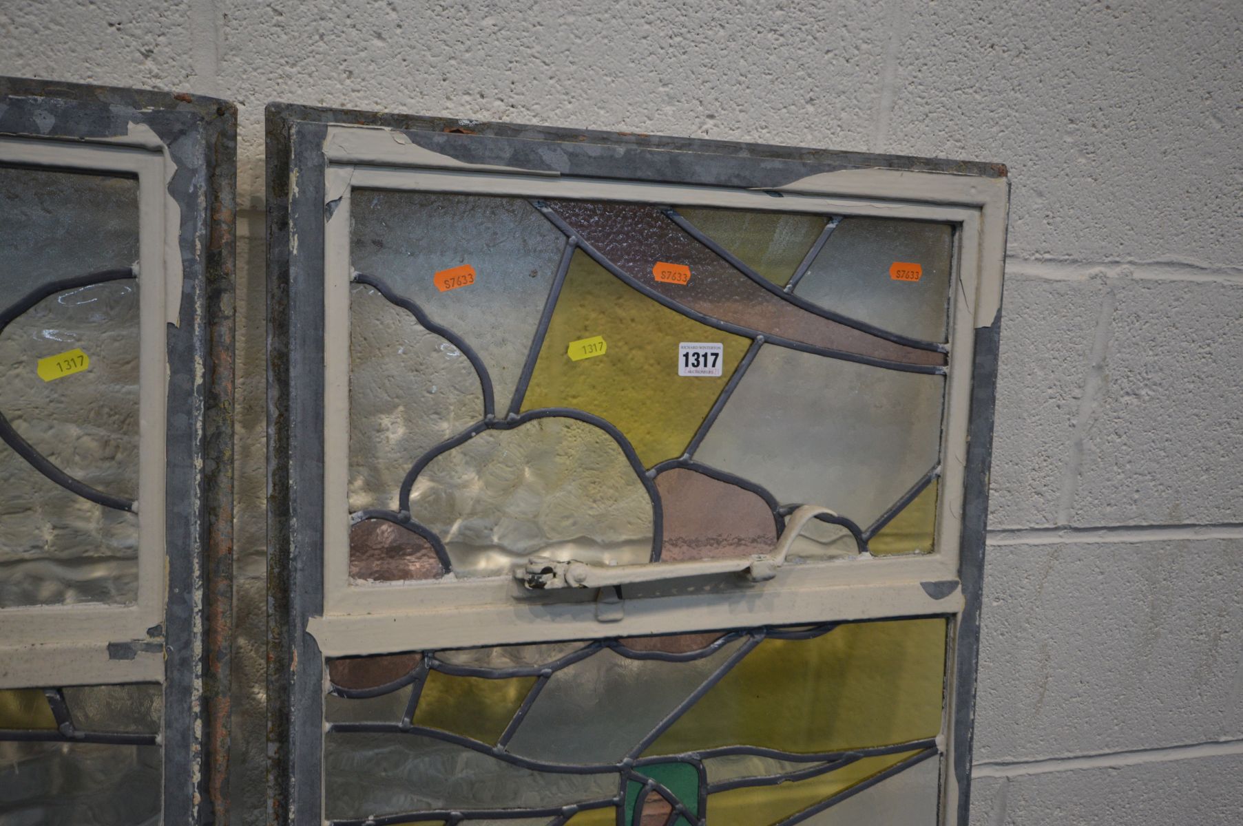 A PAIR OF EARLY 20TH CENTURY STAINED GLASS WINDOWS depicting a Dutch seascape with a windmill, - Image 7 of 7