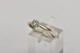 A 9CT WHITE GOLD SINGLE STONE DIAMOND RING, designed with a claw set, round brilliant cut diamond,
