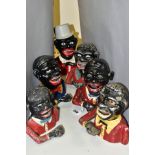 SIX CAST IRON AND ALUMINIUM JOLLY GENTLEMAN MONEY BANKS, assorted designs and colours, one with