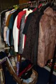 THREE BOXES OF LINEN, BAGS, ACCESSORIES AND FORTY ITEMS OF CLOTHING to include a ladies fur coat,