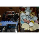 THREE BOXES OF SUNDRY ITEMS, CERAMICS, etc, to include various transister receivers/CB radio