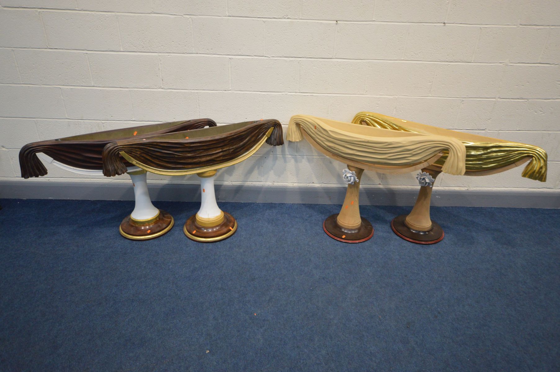 TWO PAIRS OF BESPOKE HAND CARVED PLANTERS, decorated as draped fabrics, on a cylindrical support,