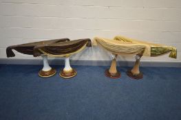 TWO PAIRS OF BESPOKE HAND CARVED PLANTERS, decorated as draped fabrics, on a cylindrical support,