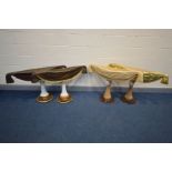 TWO PAIRS OF BESPOKE HAND CARVED PLANTERS, decorated as draped fabrics, on a cylindrical support,