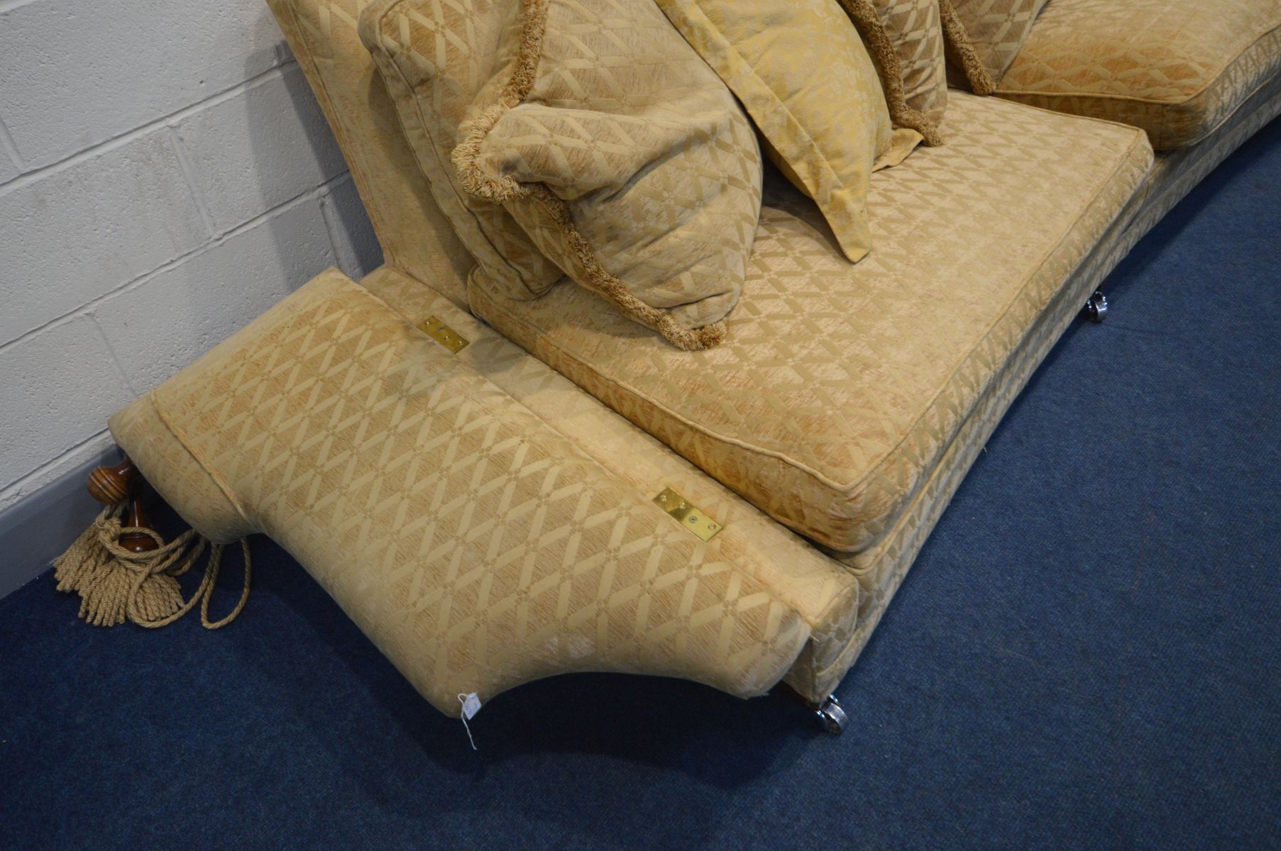 A WALNUT AND GOLD UPHOLSTERED DURESTA HORNBLOWER KNOWLE SOFA, with drop ends to each end, on - Image 2 of 8