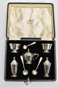 A CASED FIVE-PIECE SILVER CONDIMENT SET, comprising of two salts each with blue glass inserts, a