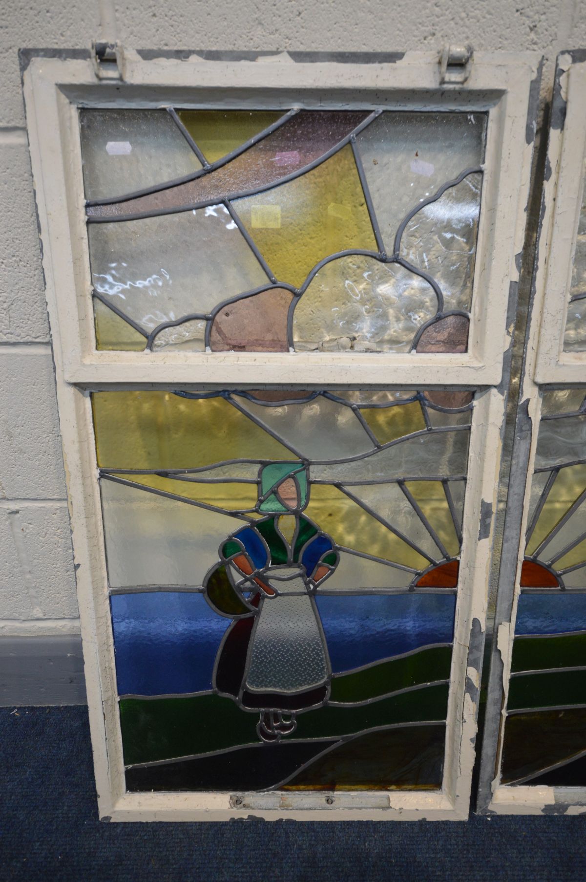 A PAIR OF EARLY 20TH CENTURY STAINED GLASS WINDOWS depicting a Dutch seascape with a windmill, - Image 2 of 7