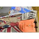 SEVEN VINTAGE FLAGS AND TWO BOOKLETS, to include 'The King's Reign Told in Pictures' (King George