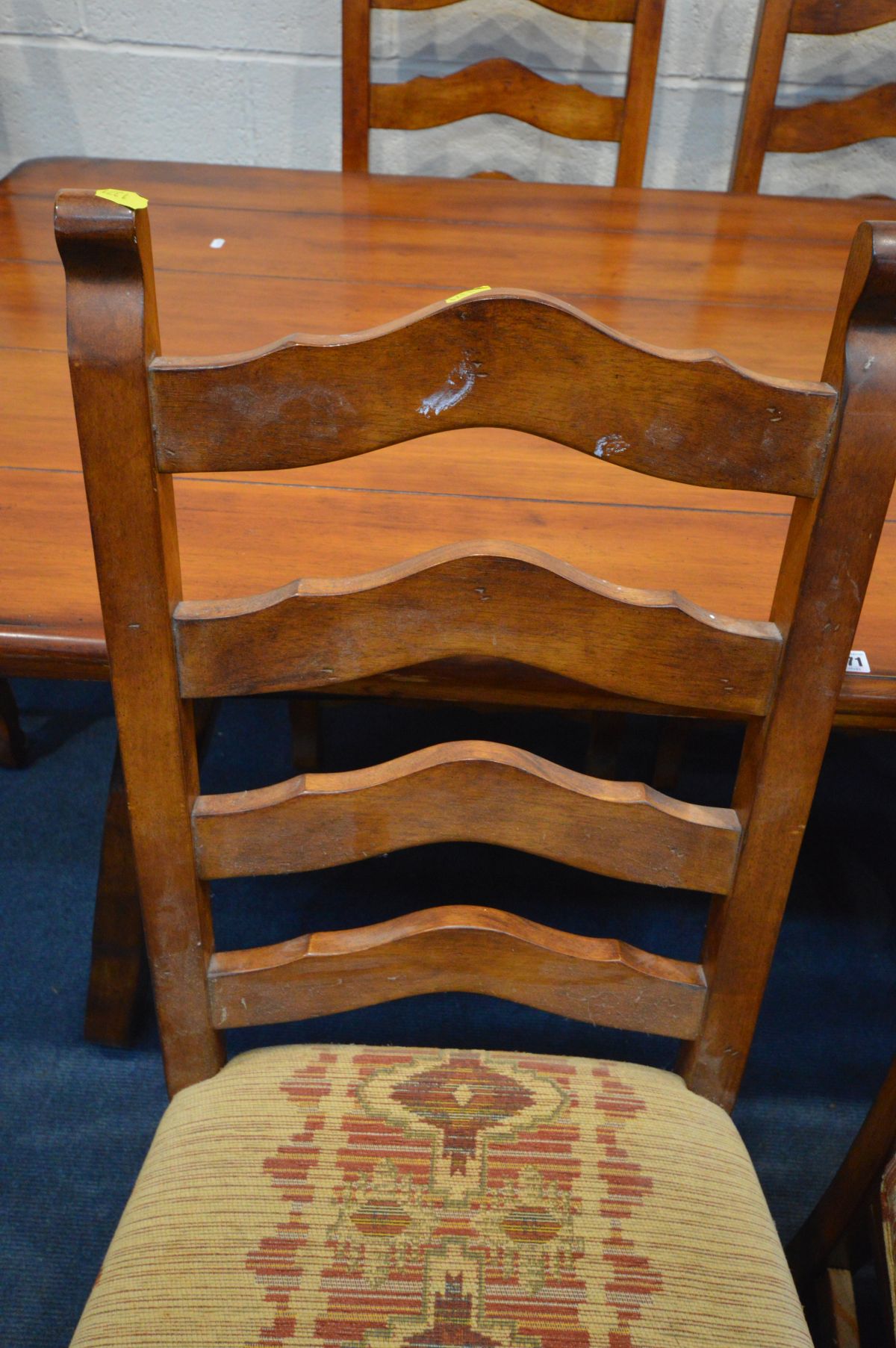 A THEODORE ALEXANDER STYLE FRUITWOOD REFRECTORY TABLE, on an ornate base united by metal stretchers, - Image 3 of 6