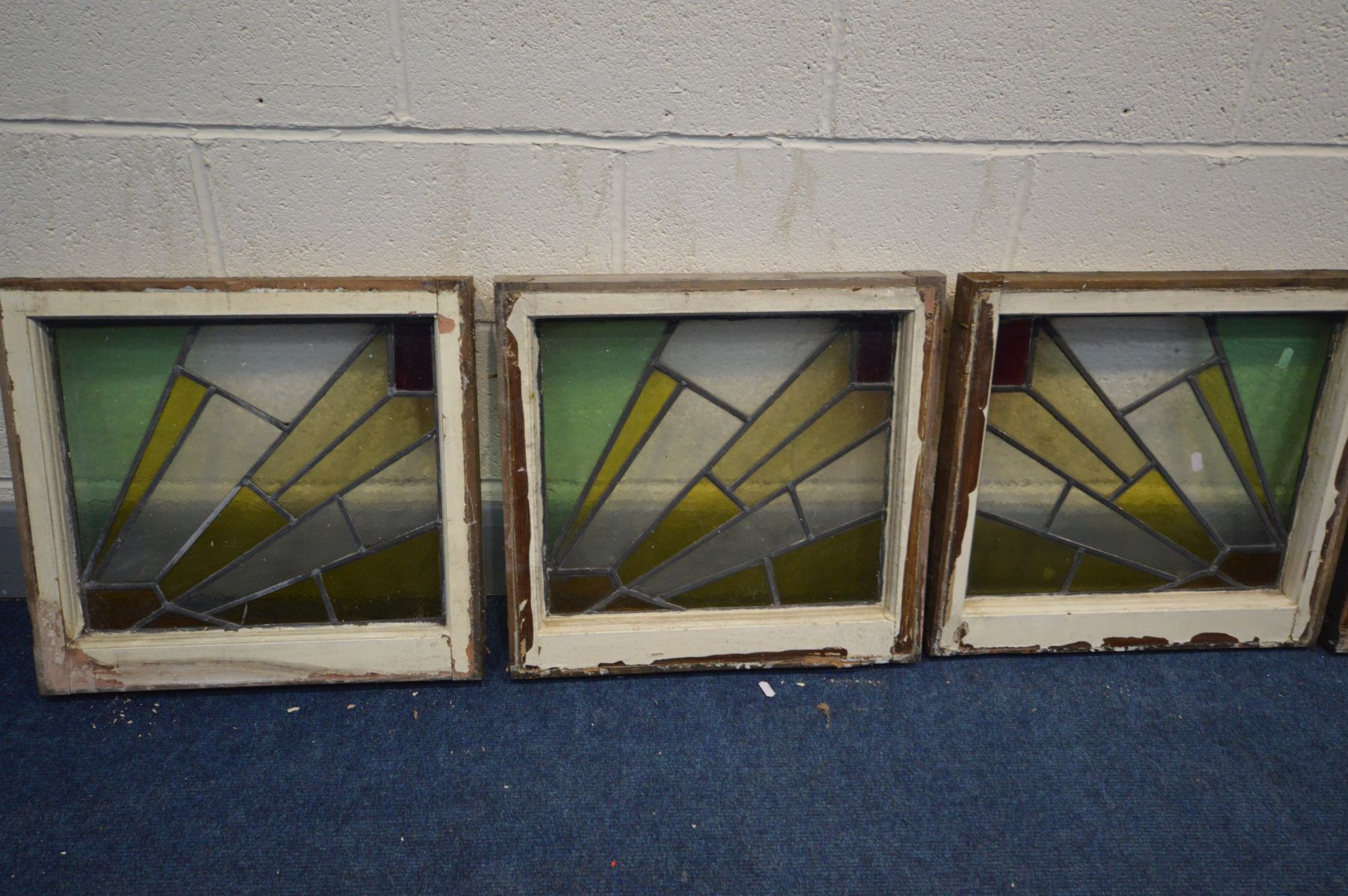 A SET OF SIX LEAD STAINED GLASS WINDOWS, framed 51cm x 49cm, windows 42cm x 37cm (condition - no - Image 2 of 4