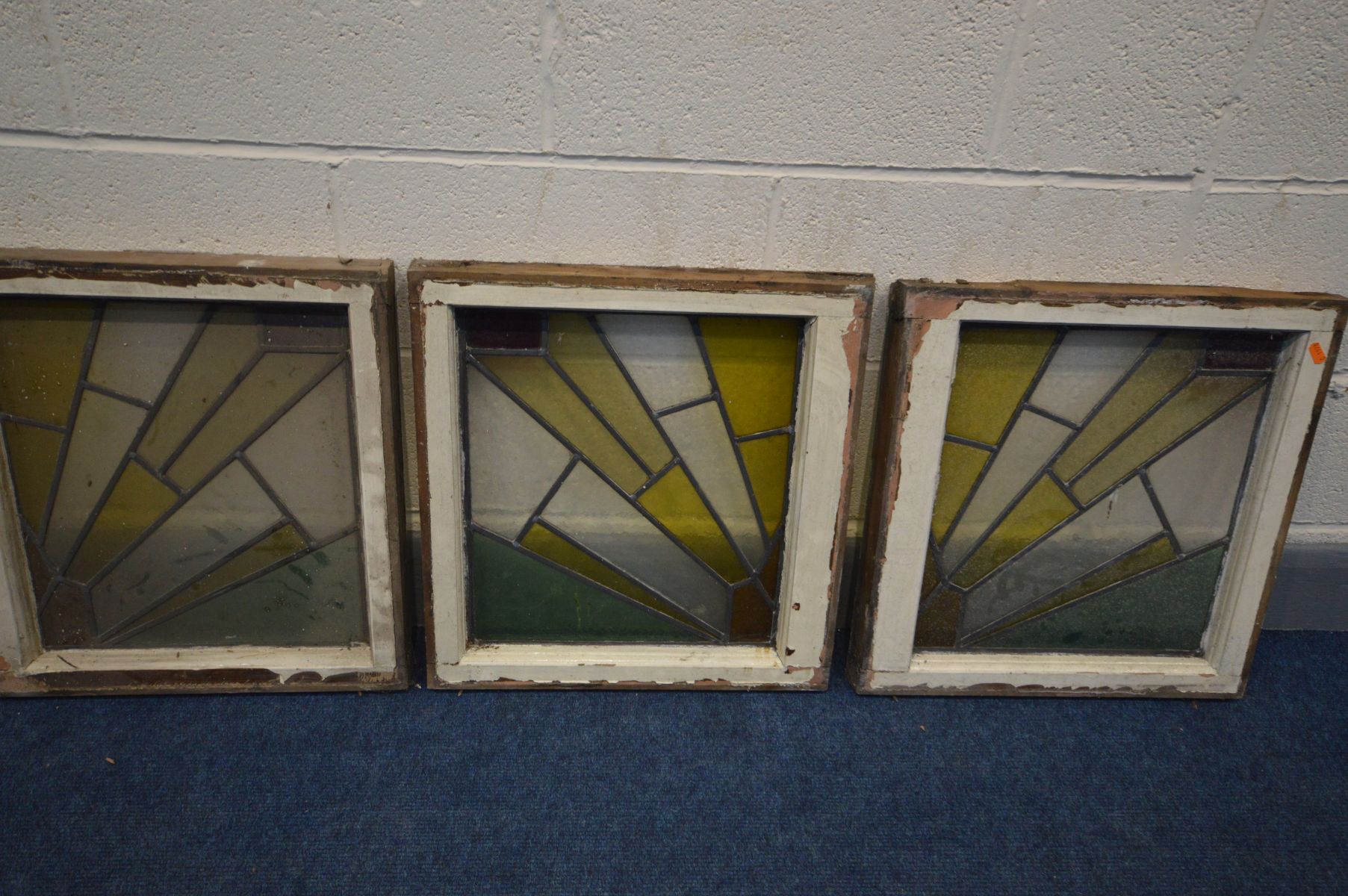 A SET OF SIX LEAD STAINED GLASS WINDOWS, framed 51cm x 49cm, windows 42cm x 37cm (condition - no - Image 3 of 4
