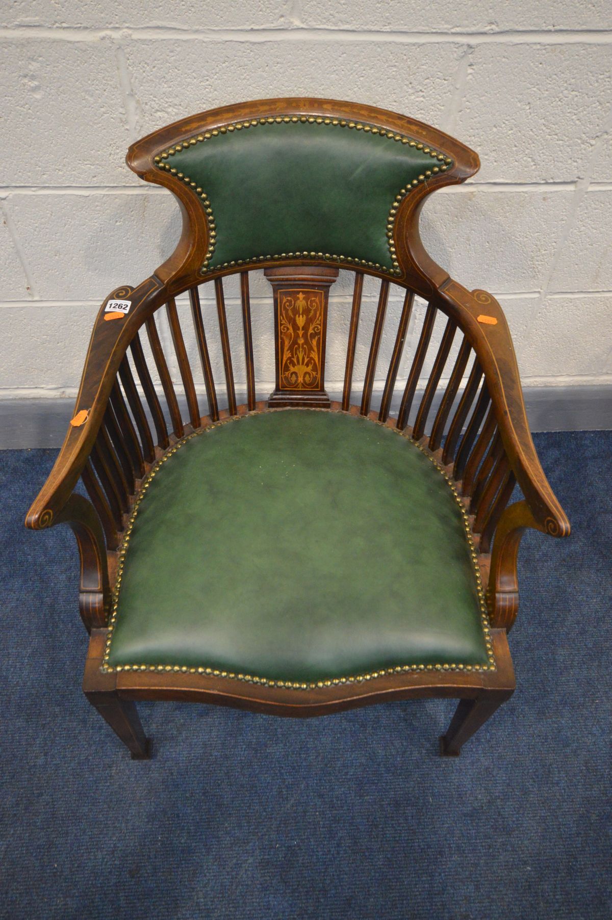 AN EDWARDIAN MAHOGANY AND MARQUETRY INLAID SQUARE SPINDLED BACK ARMCHAIR with green leather seat and - Image 2 of 3